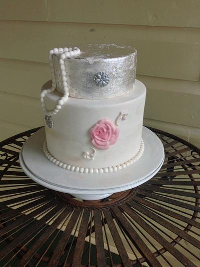 Vintage look with silver leaf and pearls. - Cake by Kathy Cope