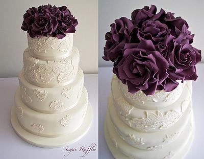 Ivory Lace & Deep Purple Roses - Cake by Sugar Ruffles