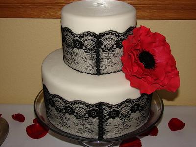 Bridal Show Black Lace with Red Flower Tiered Cake - Cake by vpardo53