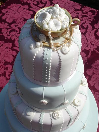 Vintage ribbon, buttons & pearls Wedding Cake - Cake by GemCakes