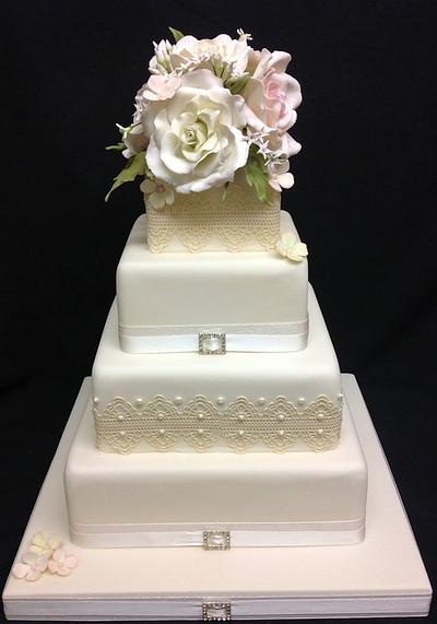 Vintage cake lace, sugar roses, jasmine and hydrangea  - Cake by Ange Cliffe