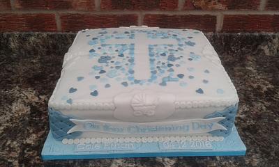  Christening cake with stencil cross and scattered heart confetti - Cake by Karen's Kakery