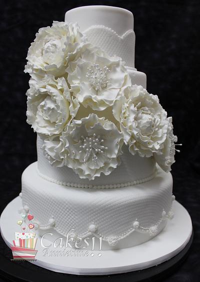 Peony Rose & Lace Wedding Cake - Cake by CakesAnnietime