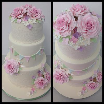 Vintage style rose and lace wedding cake - Cake by ClaresCakeDesign