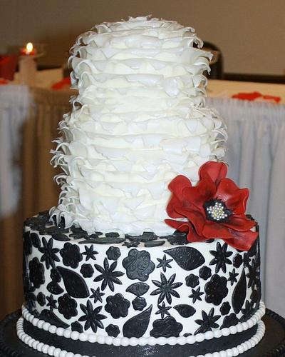 Wedding cake in black, ivory, and red. - Cake by Deb Miller