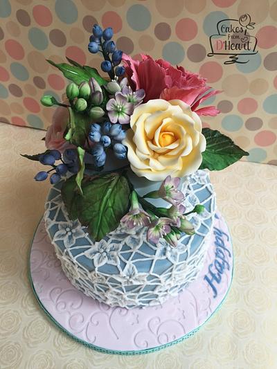 Sugar flowers and brush embroidery lace cake - Cake by Cakes from D'Heart