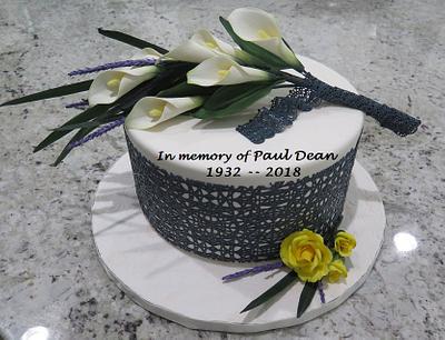 In memory, white calla lillies, baby yellow roses, black lace cake - Cake by MBalaska