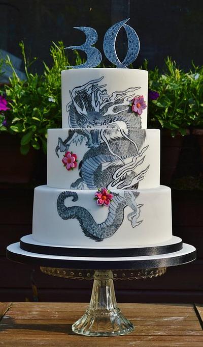 Handpainted Japanese dragon tattoo inspired cake - Cake by Krumblies Wedding Cakes