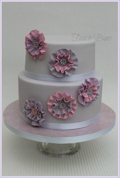 Grey, pink & lilac ruffle rosette  - Cake by Fancie Buns