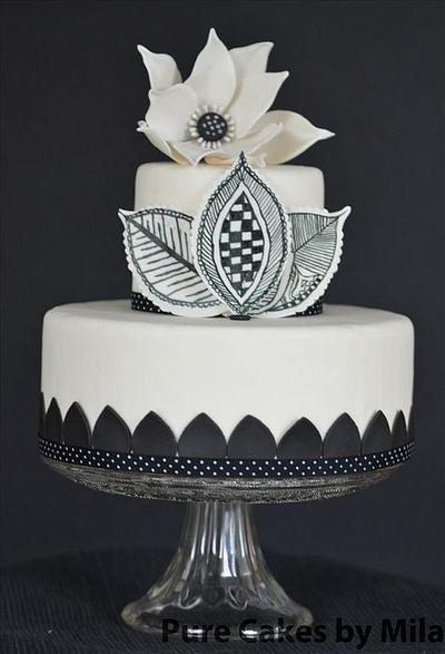 Black and White Cake with Lotus and Mehndi design Leaves - Cake by Mila - Pure Cakes by Mila
