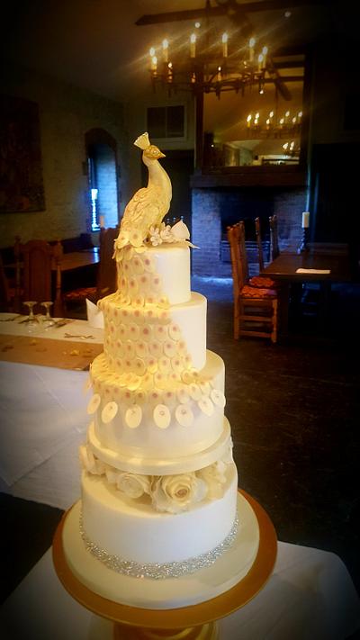 Ivory & Gold Peacock Wedding Cake - Cake by chicnsugarcakes