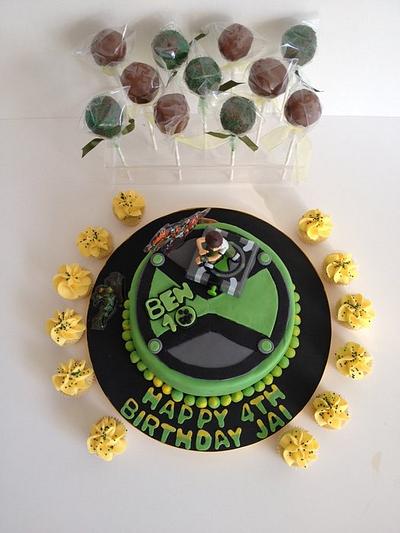 Ben 10 cake with cake pops and mini cupcakes - Cake by prettypetal
