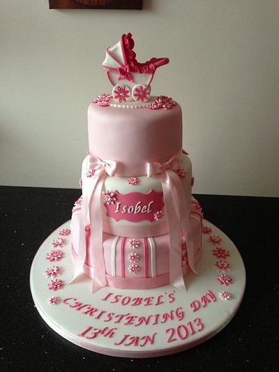 pink christening cake with pram topper - Cake by Donnajanecakes 