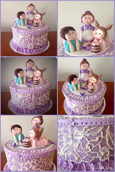 Vintage embroidery lace hatbox cake with a grandma and her grandchildren  - Cake by Jules Buxton 