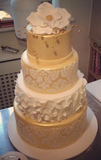 damask gold cake with ruffle rose petals - Cake by jay