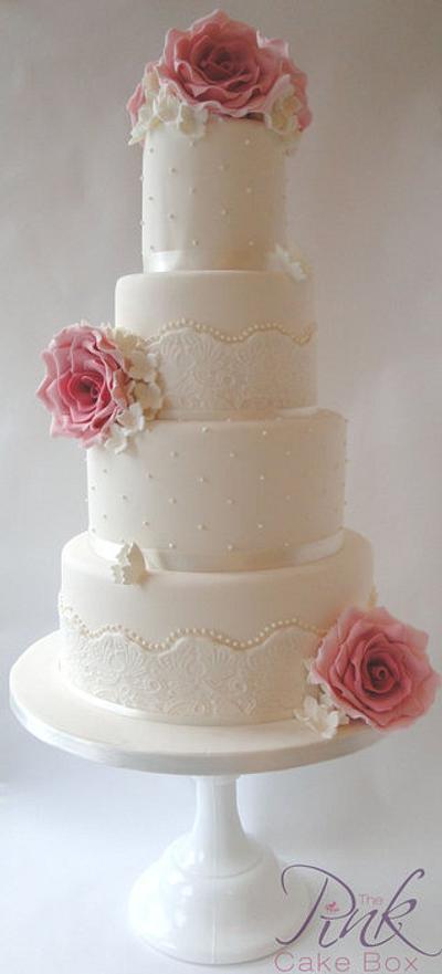 Lace, Pearl and Rose Wedding Cake - Cake by Rose