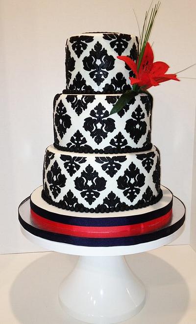 Black Damask Wedding Cake with Red Tiger Lily - Cake by Saskia Beaton
