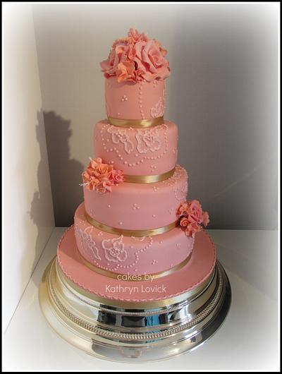 coral wedding - Cake by kathryn lovick