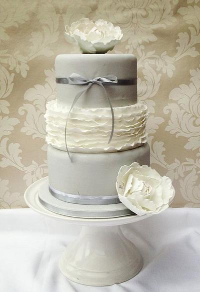 Grey and White wedding cake with sugar peonies - Cake by funkyfabcakes
