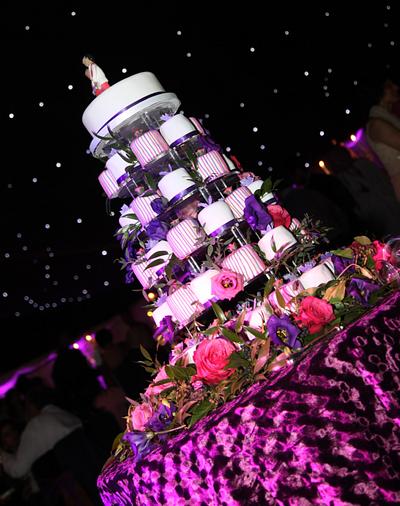 Wedding Cake Tower of Striped Purple and Hot Pink Mini/Individual Cakes - Cake by vanillaspicecakes