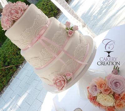 Pale pink lace wedding cake - Cake by Cakery Creation Liz Huber