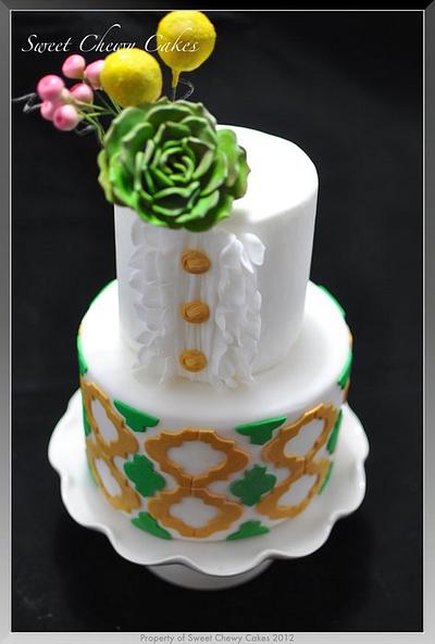 Green and Gold Quatrefoil With Succulent flower     - Cake by SweetChewyCakes