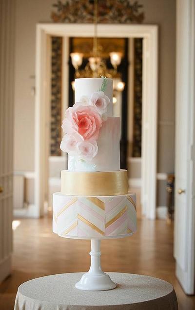 Gold Chevron Wedding Cake with Wafer Paper Flowers - Cake by S K Cakes