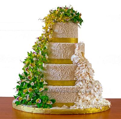 White Peacock and Ombre Green Orchids Cascade cake - Cake by Ashwini Sarabhai