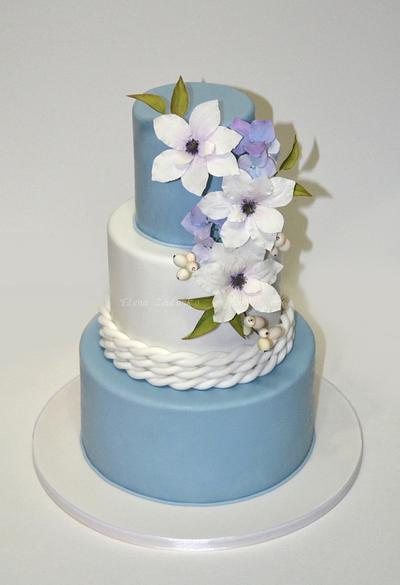 wedding cake with sugar flowers - clematis - Cake by Elena Zhdanko