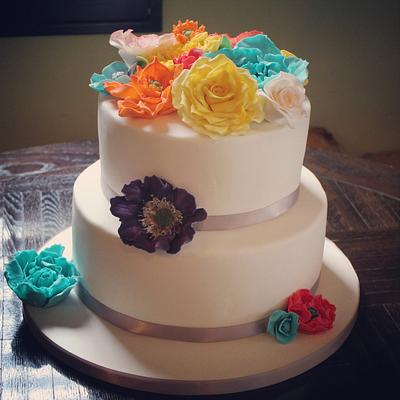 Wedding Cake with bright flowers - Cake by ThreeBearsCakery