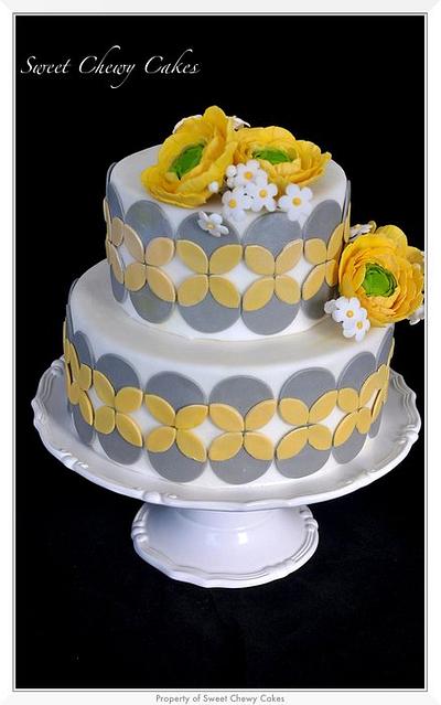 Gray and Yellow Ranunculus Cake - Cake by SweetChewyCakes