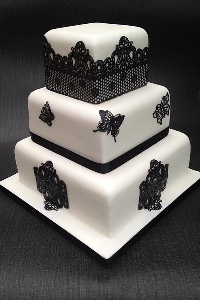 Black and white lace wedding cake  - Cake by Perfect Party Cakes (Sharon Ward)