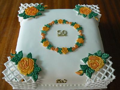 Golden wedding cake with trellis. - Cake by Anita's Cakes