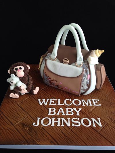 Monkey teddy and changing bag ,baby shower cake - Cake by Melanie Jane Wright