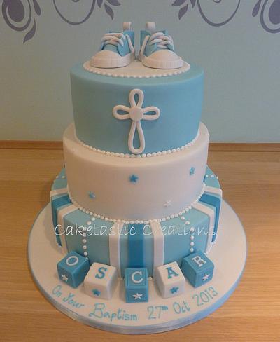 baby Boys Christening cake with baby boots - Cake by Caketastic Creations