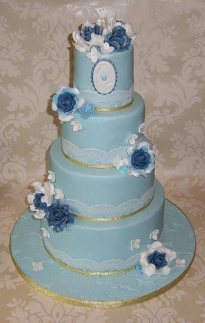 Blues & Gold 4 Tier Wedding Cake - Cake by Sparkle Cupcakes