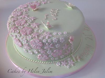 Pretty spring green, pink blossom and pink butterflies - Cake by helen Jane Cake Design 