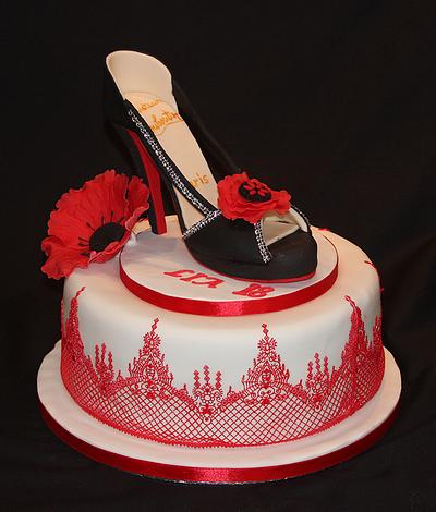 My latest Christian Louboutin gumpaste shoe with sugarlace and poppy flower - Cake by bichisor