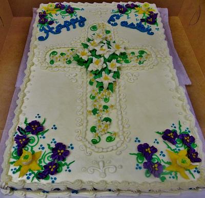 Easter Cross cake w/Easter lilies, & spring flowers in all buttercream. - Cake by Nancys Fancys Cakes & Catering (Nancy Goolsby)