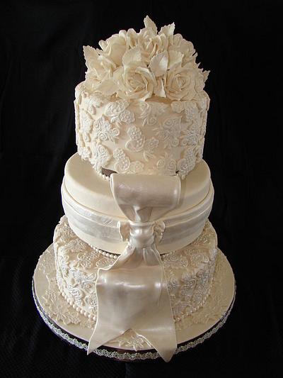 Wedding Cake w/Lace, Bow and Roses - Cake by vpardo53