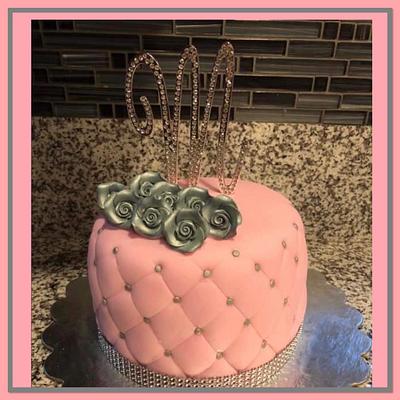 Pink and silver monogram and rose quilted cake  - Cake by Yezidid Treats