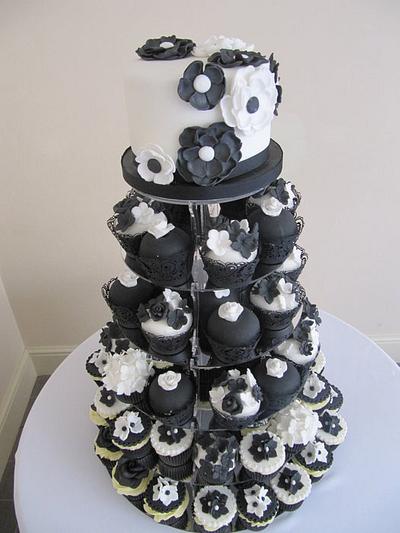 black and white wedding cake and cupcake tower  - Cake by d and k creative cakes