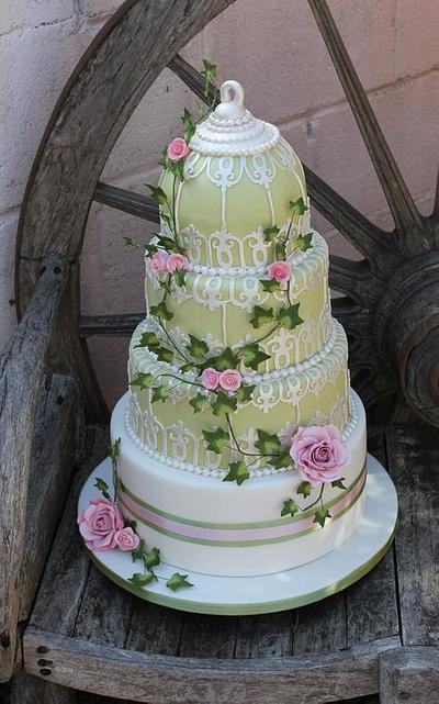 4 Tiered gooseberry green Birdcage wedding cake with pale pink roses - Cake by Cakes o'Licious