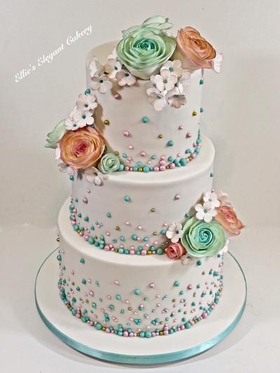 Aqua and pink floral wedding cake - Cake by Ellie @ Ellie's Elegant Cakery
