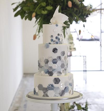 Hexagonal tiled greys/blues wedding cake  - Cake by Happyhills Cakes