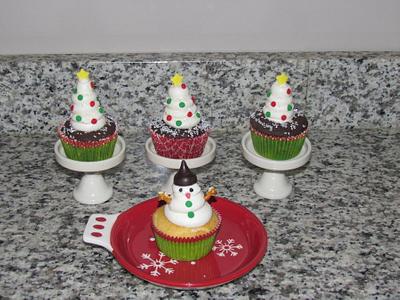 Snow-Covered White Christmas Trees and Snowman Cupcakes - Cake by Jaybugs_Sweet_Shop