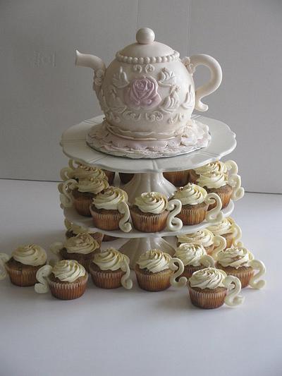 Tea pot cake with tiramisu teacups cupcakes! - Cake by Sandra Caputo