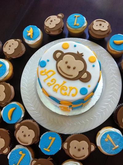 Mod monkey birthday cake with matching cupcakes - Cake by Hot Mama's Cakes