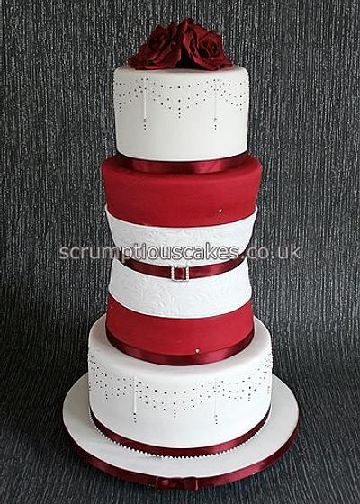 Burgundy Tapered Waist Wedding Cake - Cake by Scrumptious Cakes