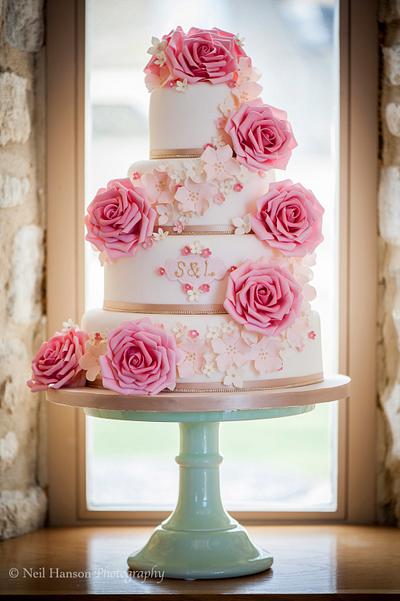 Coral Rose and Monogram Wedding Cake - Cake by Samantha Tempest